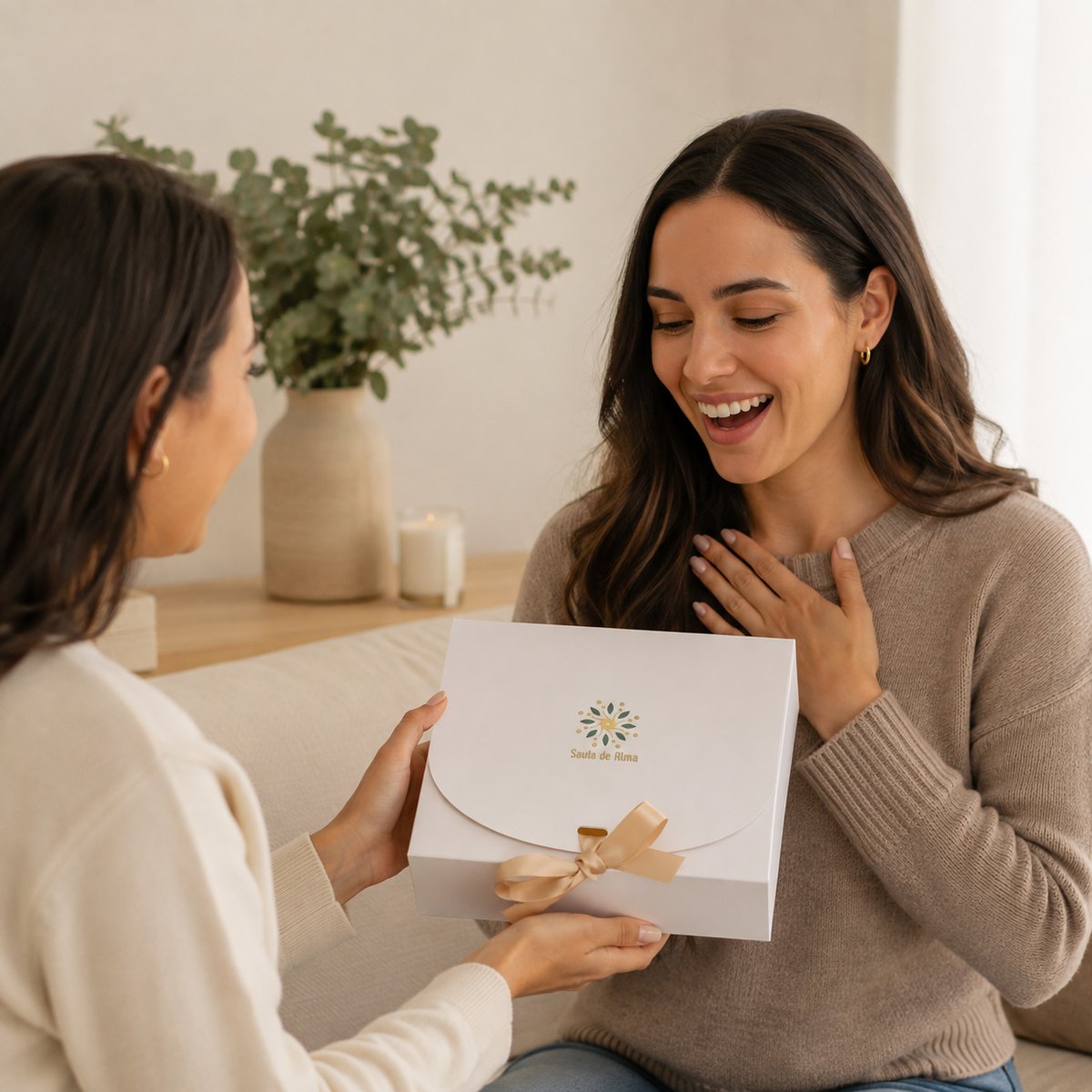 Una mujer emocionada recibe de regalo una caja de Savia de Alma